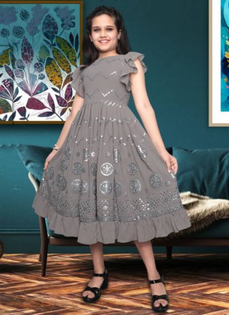 Gray Colour WHAT WESTERN stylish Party Wear Georgette embroidery mirror work Frock Kids Girls Wear Collcetion WHAT 04